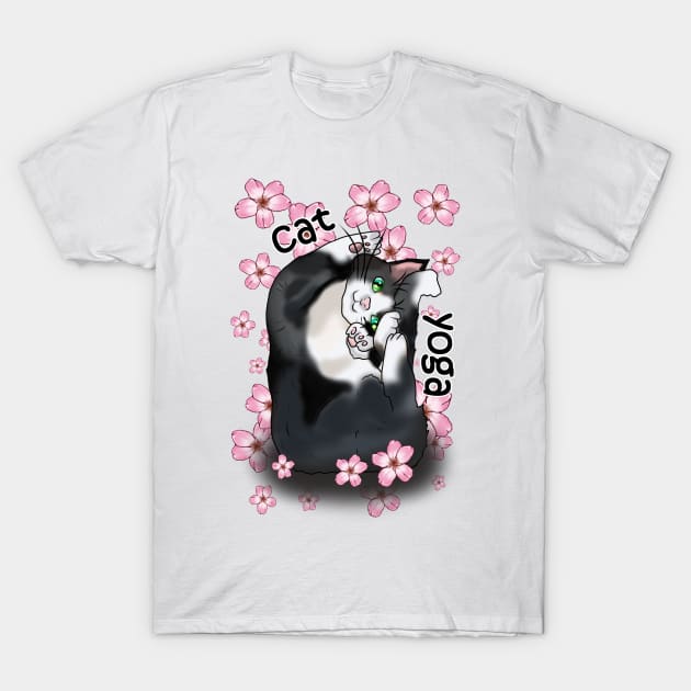 Cute cartoon black and white cat yoga pose in pink flowers T-Shirt by cuisinecat